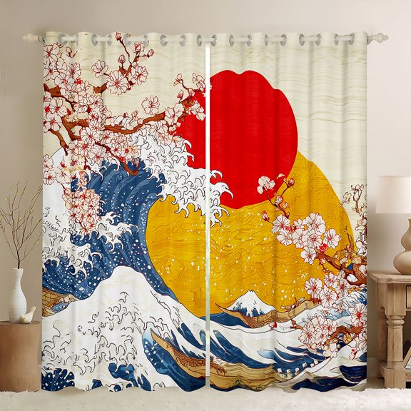 Manfei Ukiyo-e Wave Black Out Curtains for Home, Cherry Sun Curtains Pack of 2 (42x63 Each) for Office, Blue Red White
