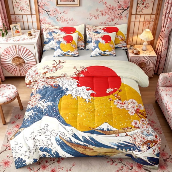 Manfei Ukiyo-e Wave Twin Bedding Sets for Home, Cherry Sun Bedding Comforter Set for Office, Blue Red White, Gray Reversible7-Piece