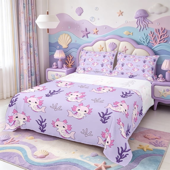 Manfei Underwater Animal Axolotl Queen Sheets,Cute Salamander Pattern Queen Sheet Sets,4 Pieces,1 Flat Sheet,1 Fitted Sheet and 2 Pillowcases