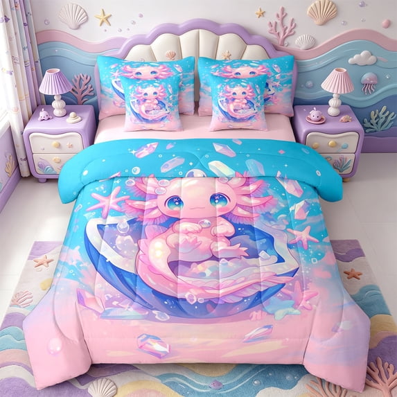 Manfei Underwater Axolotl 7pcs Queen Bedding,Aquatic Amphibian Print Bedding Comforter Set Queen,Pink Reversible