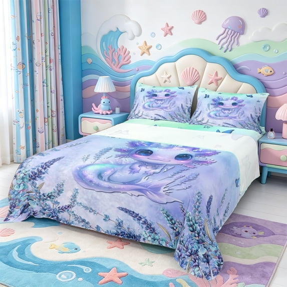 Manfei Underwater Axolotl Queen Sheets,Watercolor Salamander Print Queen Sheet Sets,4 Pieces,1 Flat Sheet,1 Fitted Sheet and 2 Pillowcases