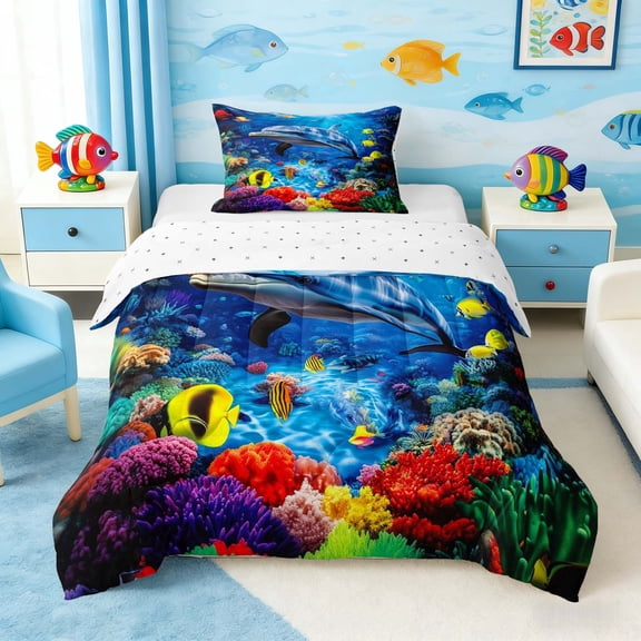 Manfei Underwater Dolphin Twin Comforter Sets for Kids Boys and Girls, Ocean Marine Life Print Bedding Set, Reversible 2-Piece, 1 Comforter and 1 Pillowcase