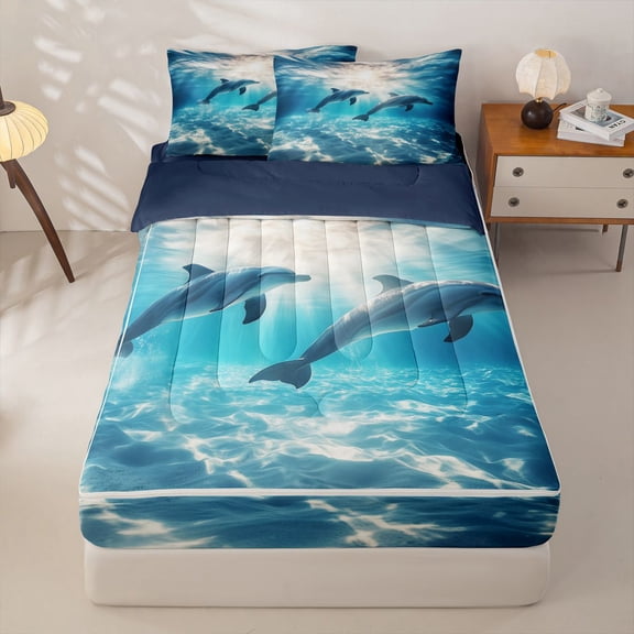 Manfei Underwater Dolphin Zipper Twin Comforter Sets with Fitted Sheet and 2 Pillowcases for Kids Boys and Girls, Marine Animal Print Zipper Bedding Set, Navy Reversible, 4pcs