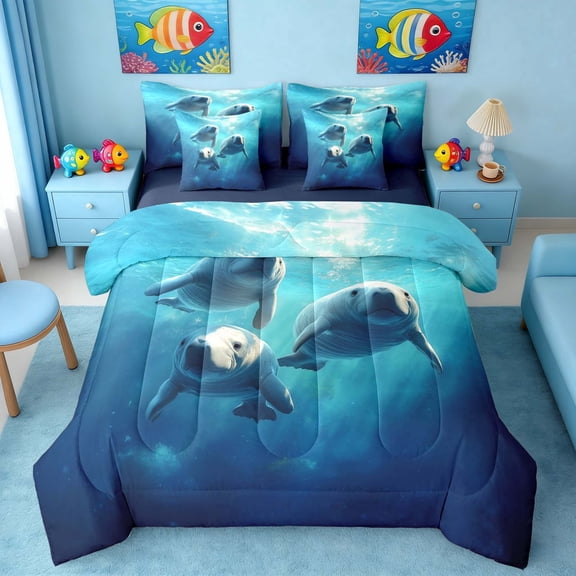 Manfei Underwater Manatee Bedding Comforter Set for Kids Boys and Girls, Ocean Animal Queen Bedding Sets, Navy Reversible 7 Pieces