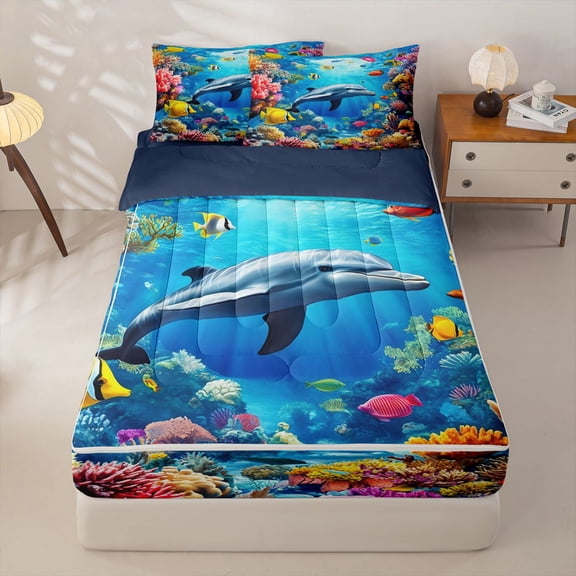 Manfei Underwater Ocean Dolphin Zipper Twin Comforter Sets with Fitted Sheet and 2 Pillowcases for Kids Boys and Girls, Marine Life Print Zipper Bedding Set, Navy Reversible, 4pcs