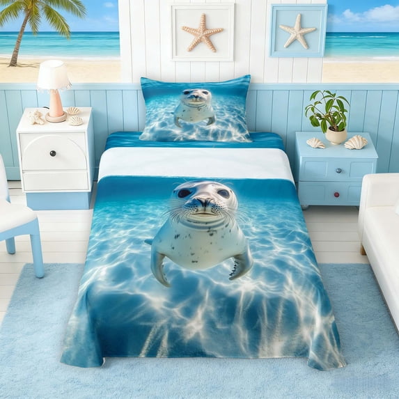 Manfei Underwater Ocean Seal Twin Sheet Sets for Kids Boys and Girls, Marine Life Print Bedding 3pcs, 1 Flat Sheet, 1 Fitted Sheet and 1 Pillowcase