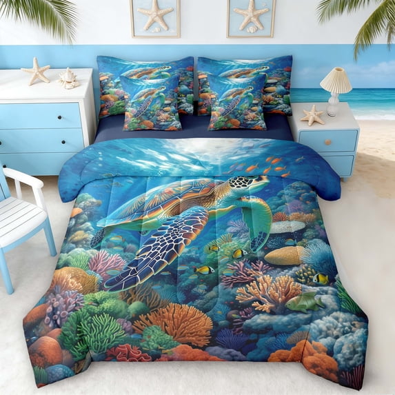 Manfei Underwater Sea Turtle Bedding Comforter Set for Kids Boys and Girls, Marine Coral Fish King Bedding Sets, Navy Reversible 7-Piece