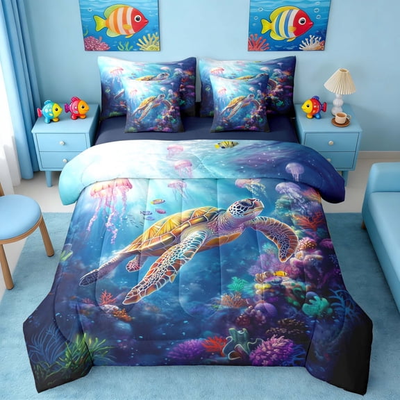 Manfei Underwater Sea Turtle Bedding Comforter Set for Kids Boys and Girls, Ocean Marine Life Print Queen Bedding Sets, Navy Reversible 7-Piece