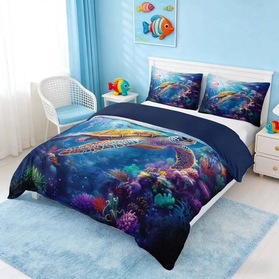 Manfei Underwater Sea Turtle Queen Duvet Cover Set for Kids Boys and Girls, Ocean Marine Life Print Bedding, Navy Reversible 3-Piece, 1 Duvet Cover and 2 Pillowcases