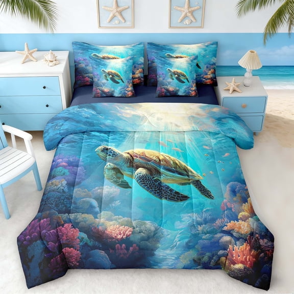 Manfei Underwater Sea Turtle Twin Bedding Sets for Kids Boys and Girls, Deep Sea Bedding Comforter Set, Navy Reversible 7pcs