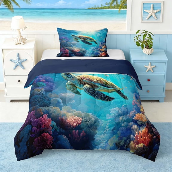 Manfei Underwater Sea Turtle Twin Comforter Sets for Kids Boys and Girls, Deep Sea Bedding Set, Navy Reversible 2pcs, 1 Comforter and 1 Pillowcase