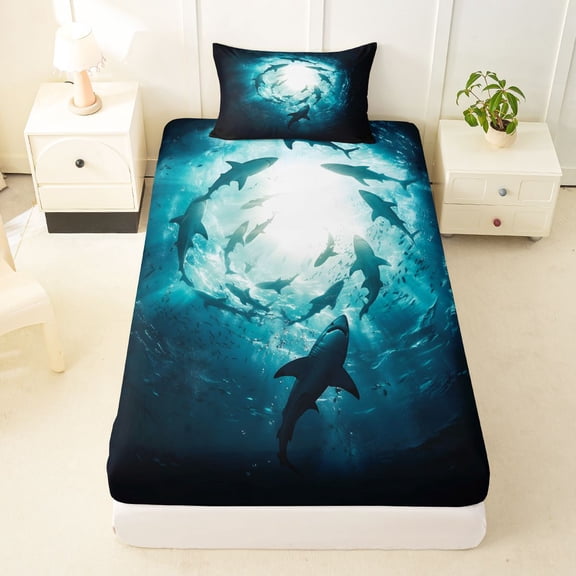 Manfei Underwater Shark Twin Fitted Sheet, Deep Ocean Animal Bedding, Teal Blue, 2-Piece, 1 Fitted Sheet and 1 Pillowcase