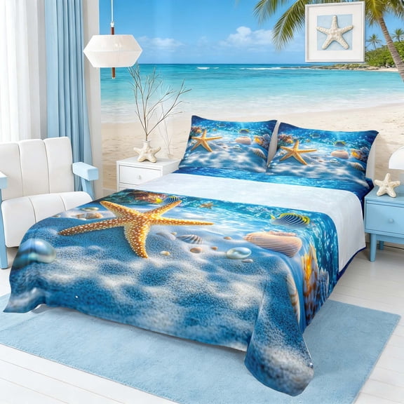 Manfei Underwater Starfish Seashell Pearl Queen Sheet Sets for Kids Boys and Girls, Coastal Ocean Print Bed Set 4-Piece, 1 Flat Sheet, 1 Fitted Sheet and 2 Pillowcases