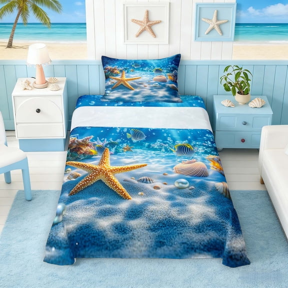 Manfei Underwater Starfish Seashell Pearl Twin Sheet Sets for Kids Boys and Girls, Coastal Ocean Print Bedding 3-Piece, 1 Flat Sheet, 1 Fitted Sheet and 1 Pillowcase