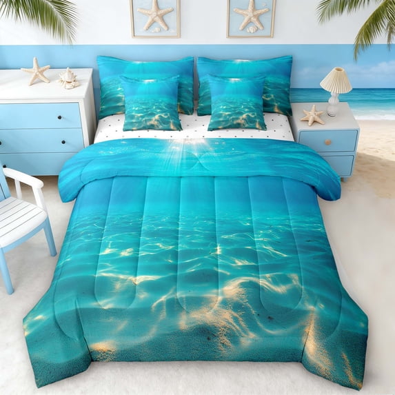 Manfei Underwater Wave Bedding Comforter Set for Kids Boys and Girls, Coastal Ocean Print Full Bedding Set, Reversible 7 Pieces