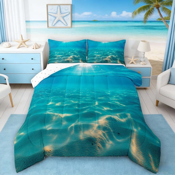 Manfei Underwater Wave Queen Comforter Set for Kids Boys and Girls, Coastal Ocean Print Bedding Comforter Set, Reversible 3 Pieces, 1 Comforter and 2 Pillowcases