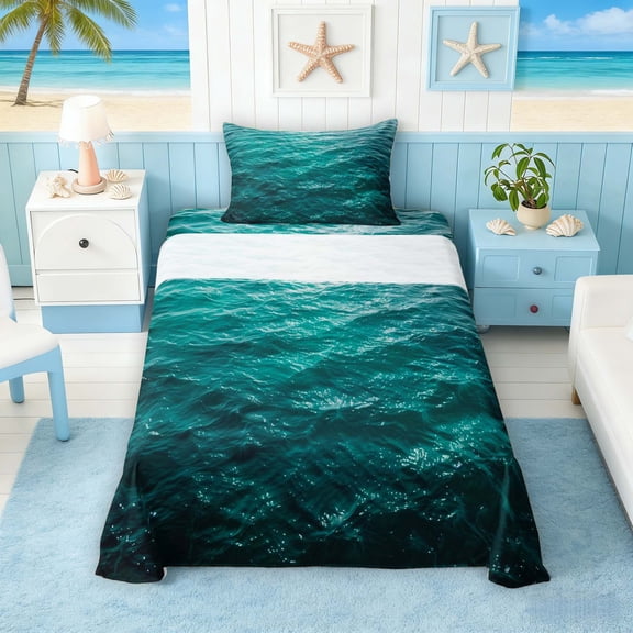 Manfei Underwater Wave Twin Sheet Sets for Kids Boys and Girls, Turqoise Coastal Sea Bedding 3pcs, 1 Flat Sheet, 1 Fitted Sheet and 1 Pillowcase