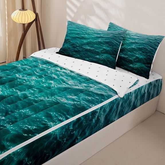 Manfei Underwater Wave Zipper Twin Comforter Sets with Fitted Sheet and 2 Pillowcases, Turqoise Coastal Sea Zipper Bedding Set, Reversible, 4 Pieces