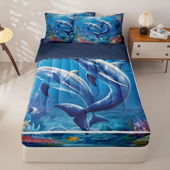 Manfei Underwater World Dolphin Zipper Twin Comforter Sets with Fitted Sheet and 2 Pillowcases for Kids Boys and Girls, Marine Life Print Zipper Bedding Set, Navy Reversible, 4pcs