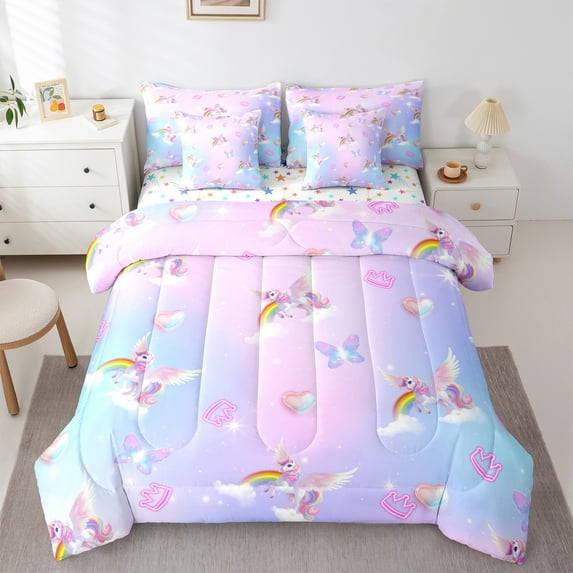 Manfei Unicorn 7-Piece Twin Bedding Sets,Cartoon Animal Bedding Comforter Set,Pink Blue Ombre Sheet Sets For Girls,Ultra Soft Home Decor Reversible