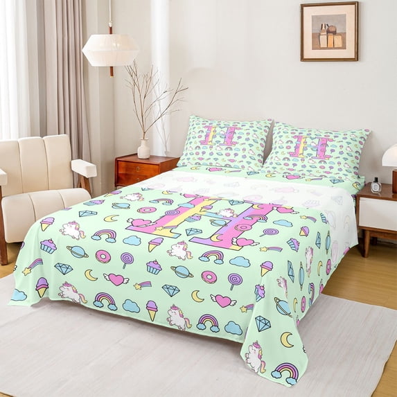 Manfei Unicorn Alphabet Print Bed Sheets,Girly Personalized Gifts Full Size Sheets,Light Green Multicolor,4pcs,1 Flat Sheet, 1 Fitted Sheet and 2 Pillowcases