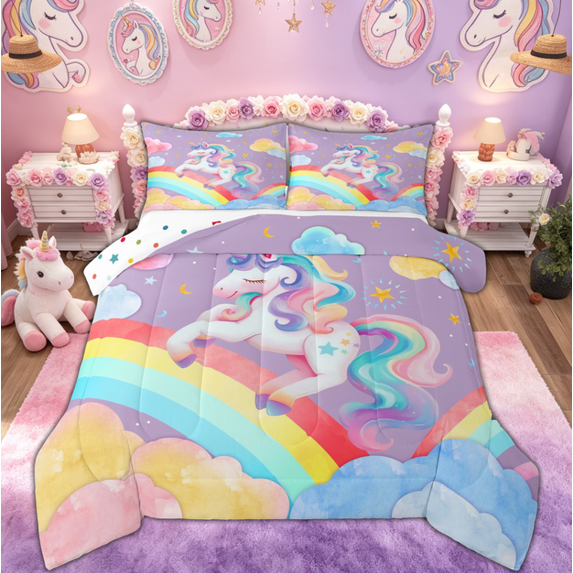 Manfei Unicorn Bedding Twin Comforter Set for Kids Girls, Cartoon Rainbow Galaxy Bedding Sets, Polka Dot Reversible, 2-Piece