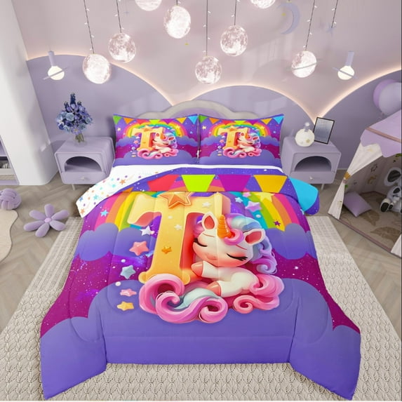 Manfei Unicorn Initial 2pcs Bedding Comforter Set,Cartoon Unicorn Twin Comforter Sets,Galaxy Stars Breathable Bedding Set,Ultra Soft Kawaii Room Decor,Reversible