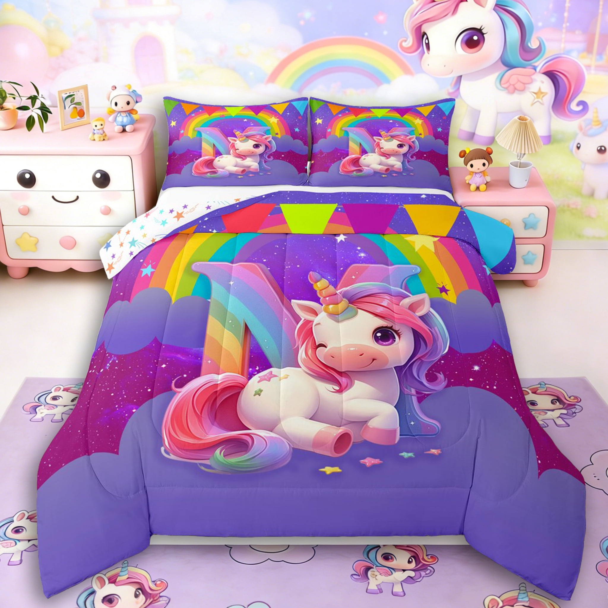 Manfei Unicorn Initial 3-Piece Full Size Comforter Sets,Cartoon Unicorn ...