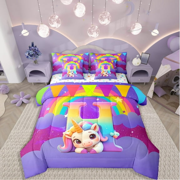 Manfei Unicorn Initial 7-Piece Twin Bedding Sets,Cartoon Unicorn Bedding Comforter Set,Galaxy Stars Breathable Sheet Sets,Ultra Soft Kawaii Room Decor,Reversible