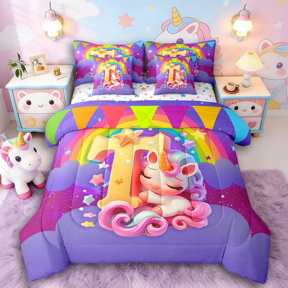 Manfei Unicorn Initial 7-Piece Twin Bedding Sets,Cartoon Unicorn Bedding Comforter Set,Galaxy Stars Breathable Sheet Sets,Ultra Soft Kawaii Room Decor,Reversible