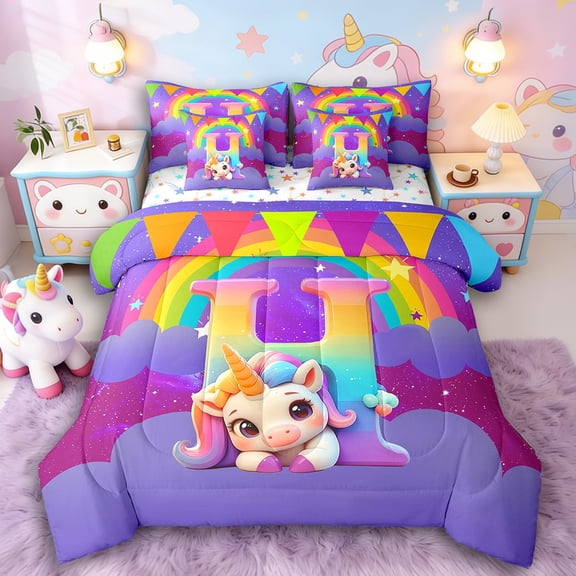 Manfei Unicorn Initial 7-Piece Twin Bedding Sets,Cartoon Unicorn Bedding Comforter Set,Galaxy Stars Breathable Sheet Sets,Ultra Soft Kawaii Room Decor,Reversible