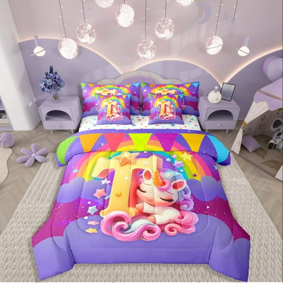 Manfei Unicorn Initial 7-Piece Twin Bedding Sets,Cartoon Unicorn Bedding Comforter Set,Galaxy Stars Breathable Sheet Sets,Ultra Soft Kawaii Room Decor,Reversible