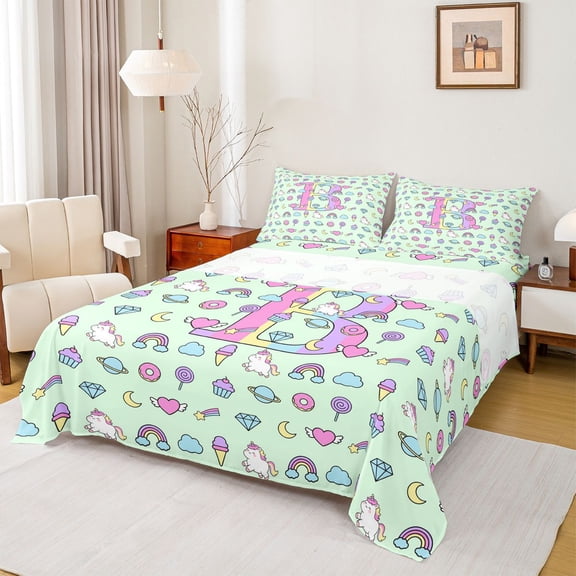Manfei Unicorn Initial B Queen Sheets,Cartoon Animal Theme Queen Sheet Sets,Light Green Multicolor,4pcs,1 Flat Sheet, 1 Fitted Sheet and 2 Pillowcases