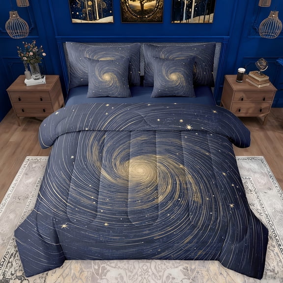 Manfei Universe Galaxy 7-Piece Bedding Comforter Set,Geometric Stripe Abstract King Bedding Sets,Gold Stars Print Bed Sheets For Teens,Ultra Soft Home Decor Reversible