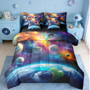 Manfei Universe Galaxy 7-Piece Twin Bedding Sets,Kids Planets Earth Solar System Bedding Comforter Set Outer Space Duvet Set Reversible
