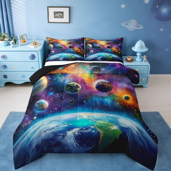 Manfei Universe Galaxy Full Size Comforter Sets,Kids Planets Earth Solar System Bedding Sets Outer Space Duvet Set Reversible 3 Pieces