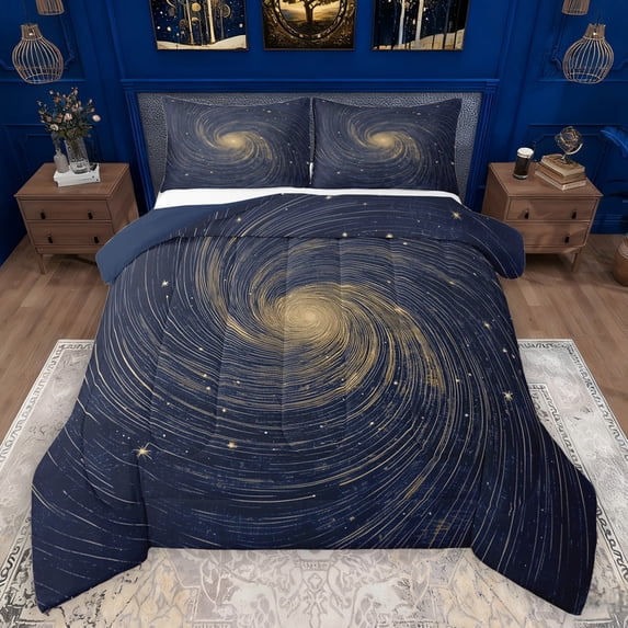 Manfei Universe Galaxy Queen Comforter Set,Geometric Stripe Abstract Bedding Sets,Gold Stars Print Bedding Comforter Set For Teens,Ultra Soft Home Decor Reversible,3pcs