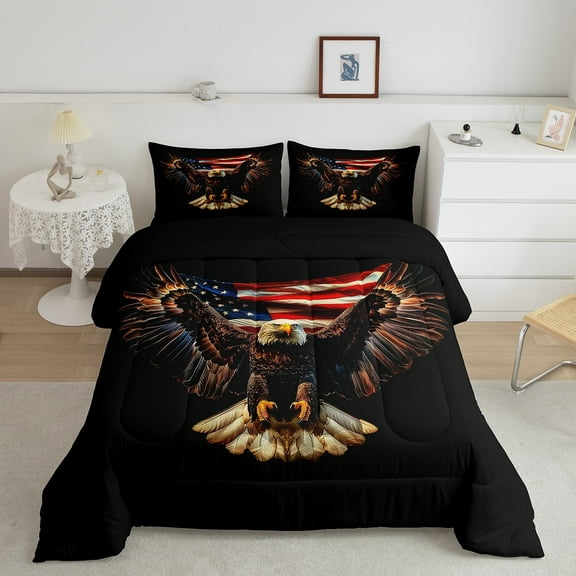 Manfei Us Flag Full Size Comforter Sets,American Eagle Bedding Comforter Set,Black Brown Red Bedding Sets,Ultra Soft Bedroom Decorative Reversible,3pcs