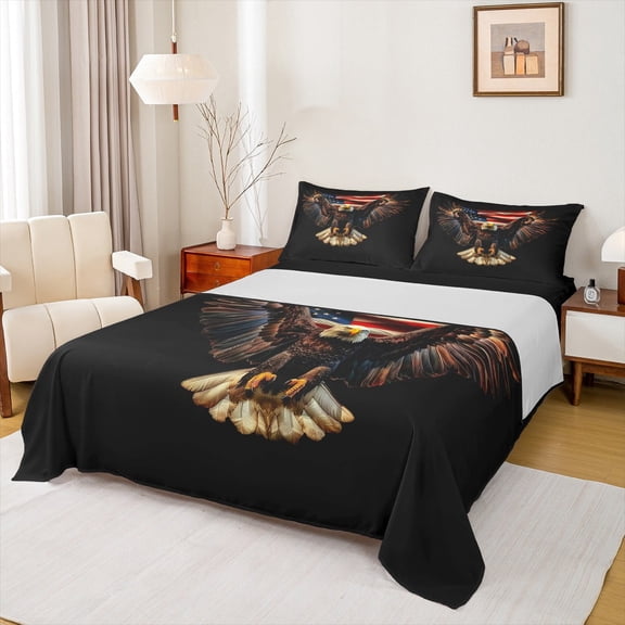 Manfei Us Flag Full Size Sheets,American Eagle Bed Sheets,Black Brown Red Sheet Sets,Ultra Soft Bedroom Decorative,4pcs