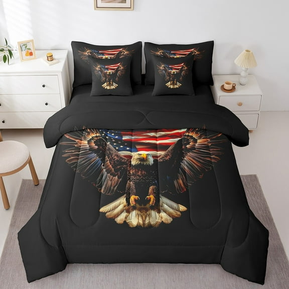 Manfei Us Flag Twin Bedding Sets 7 Pieces,American Eagle Bedding Comforter Set 7 Pieces,Black Brown Red Sheet Sets,Ultra Soft Bedroom Decorative Reversible