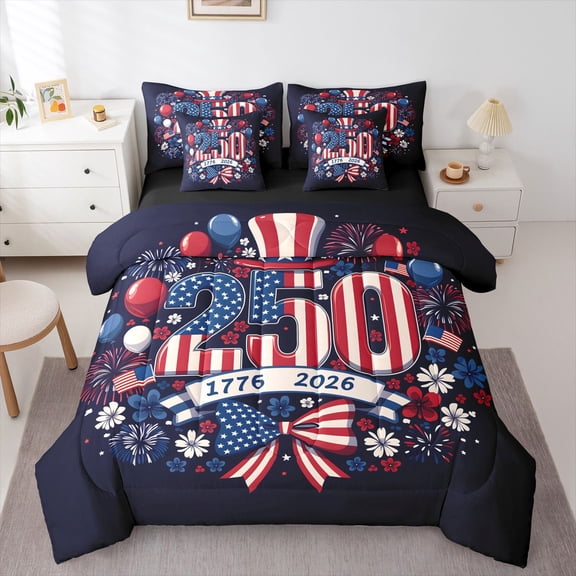 Manfei Usa Flag 250 Print 7-Piece Twin Bedding,Bow Flower Bedding Comforter Set,Red White Navy,Black Reversible