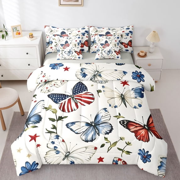 Manfei Usa Flag Butterfly 7-Piece Twin Bedding,Cartoon Floral Stars Bedding Comforter Set,Red White,Light Gray Reversible