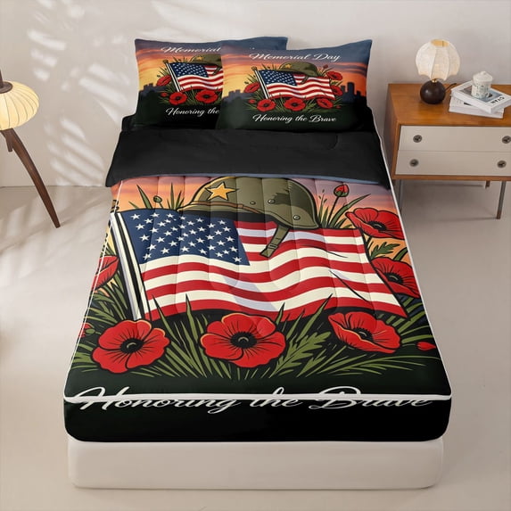 Manfei Usa Flag Flower Zipper Queen Comforter Set with Fitted Sheet and 2 Pillowcases,Honoring The Brave Printed Zipper Bedding Set,Black Reversible,4pcs