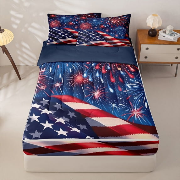 Manfei Usa Flag Zipper Twin Comforter Sets with Fitted Sheet and 2 Pillowcases,Festival Fireworks Stars Zipper Bedding Set,Navy Blue Reversible,4pcs