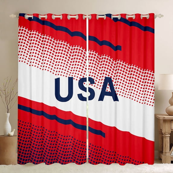 Manfei Usa Print Kitchen Curtains,Red White Stripes Black Out Curtains Pack of 2 (42x63 Each)