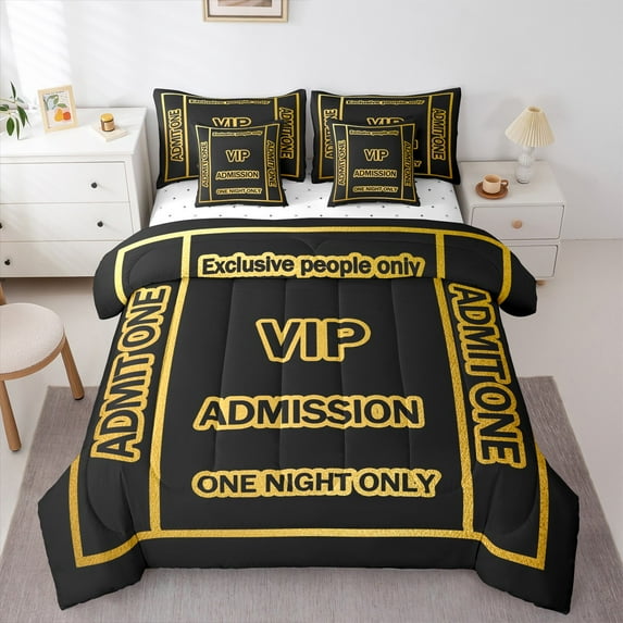 Manfei VIP Admission Twin Bedding Sets 7-Piece for Kids, Black Gold Bedding Comforter Set, One Night Only Reversible Sheet Sets, Ultra Soft Home Decor
