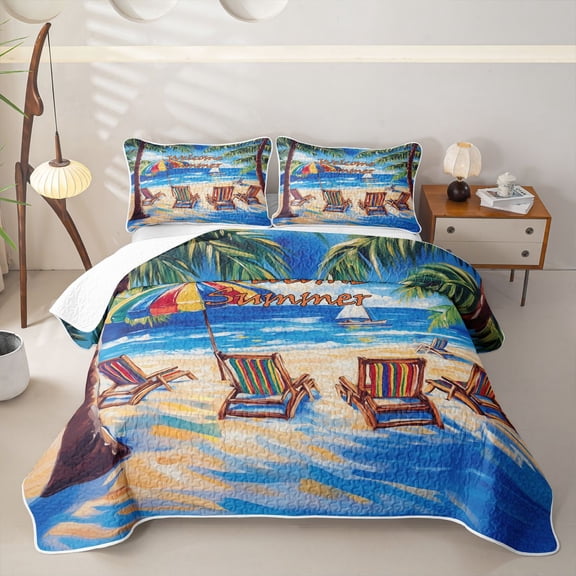 Manfei Vacation Style Bed Spread Queen,Summer Beach Chairs Print Queen Coverlet Set,Multicolor,3-Piece