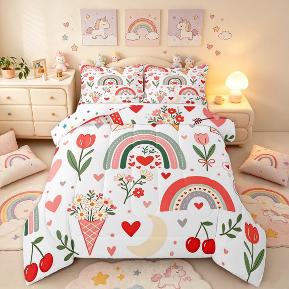 Manfei Valentine Rainbow Full Size Comforter Sets, Cherry Tulip Flower Bedding Comforter Set, White Red Green, Polkadot Reversible, 3-Piece, 1 Comforter and 2 Pillowcases