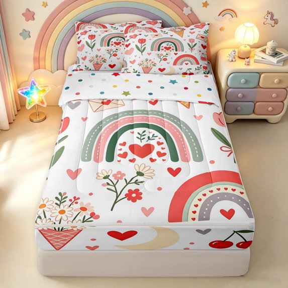 Manfei Valentine Rainbow Zipper Full Size Comforter Sets with Fitted Sheet and 2 Pillowcases, Cherry Tulip Flower Zipper Bedding Set, White Red Green, Polkadot Reversible, 4-Piece