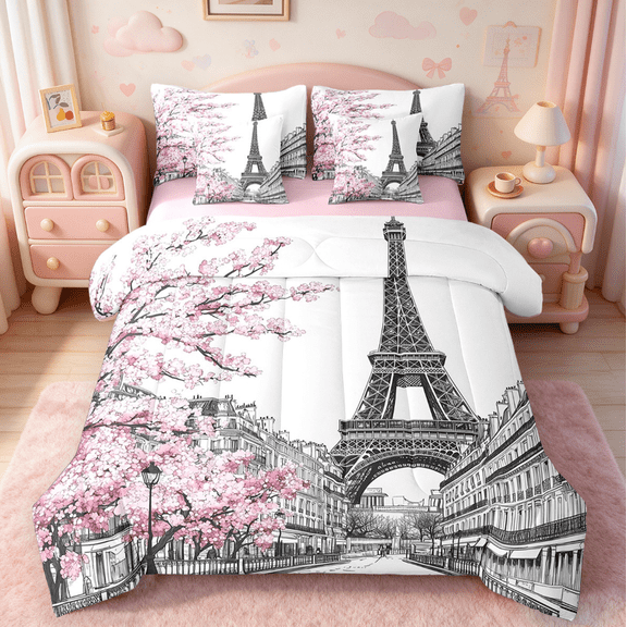 Manfei Valentine'S Day Theme Bed in a Bag Full Size,Paris Eiffel Tower Bed Set,Pink Cherry Blossom Bedding Full Size For Girls,Microfiber Bedroom Decor Reversible,7 Pieces